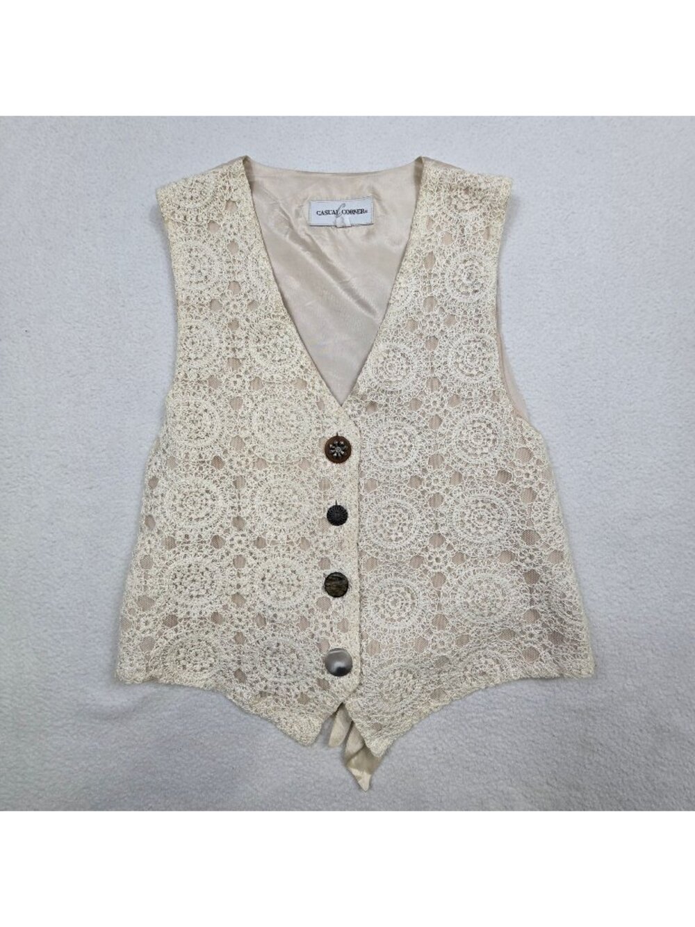 Vtg Y2K 90s Casual Corner Large Lace Button-Up Ivory Beige Crochet Vest Boho